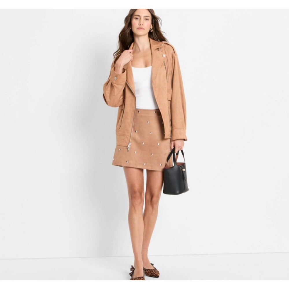 Women's Future Collective Suede Relaxed Moto Jacket Brown Cognac Small Oversized